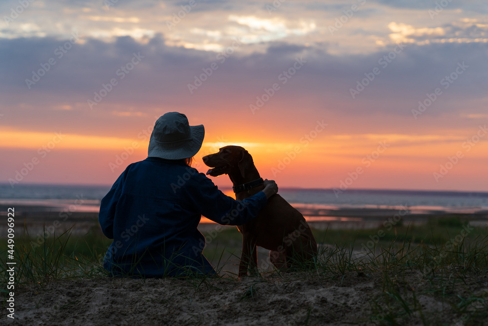Silhouette of woman wearing panama hat sitting on the beach and watching sunset with her lovely dog, rear view. Female embracing Vizsla dog and enjoy the sunset sky together. Love for pets.