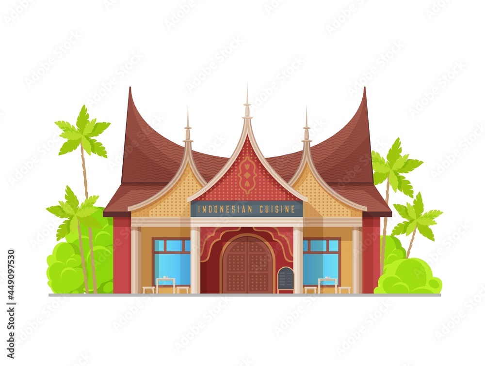 Indonesian cuisine restaurant building, vector typical asian architecture facade. National food cafe house exterior in red and gold colors. Traditional design with arched door, piked roof and ornament Indonesian cuisine restaurant building, vector typical asian architecture facade. National food cafe house exterior in red and gold colors. Traditional design with arched door, piked roof and ornament