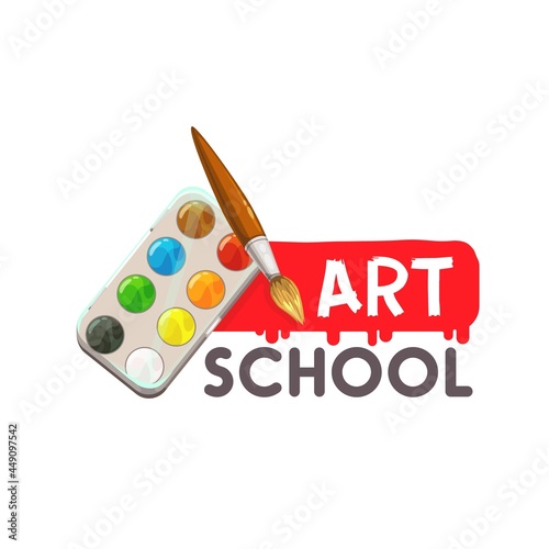 Arts school icon, painting and artist drawing design, vector education emblem. Watercolor palette and pint brush symbol for graphic design and painting art school or studio