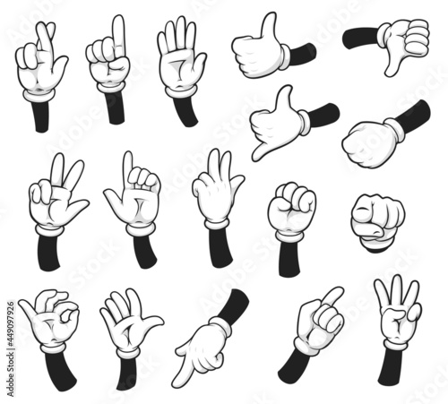 Cartoon glove hand and arm, comic hands with finger gestures. Vector palm show, pointing, count, holding and represent fingers and thumb up isolated on white background. Human gloved palm gesticulate