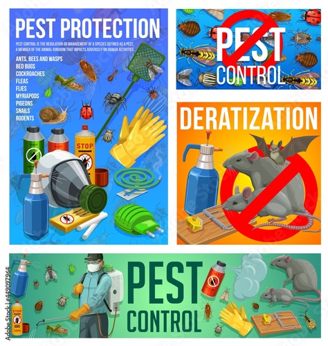 Pest control vector disinsection and deratization service. Insect extermination control at home with press sprayer. Exterminator spraying toxic insecticide against insects, vermin and rodents banners