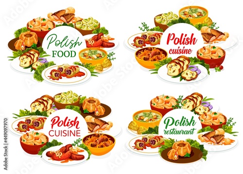Polish cuisine restaurant menu cover template. Bigos, Faramushka soup and sausages, meatloaf ring, Kalduny and cabbage rolls, carp with sauce, dumplings with potatoes and hazelnut Mazurka, meat bread