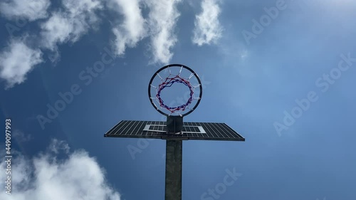 Basketball hits with a bounce from the metal board. view from below. view from below