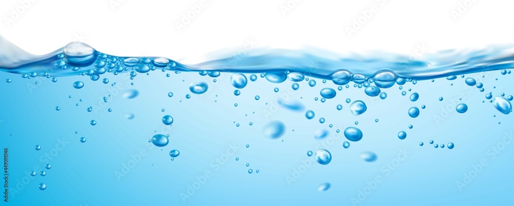 Water wave surface, water splash with ripple and air bubbles. Vector boiling liquid, fizzy abstract background with dynamic motion. Realistic 3d transparent aqua, randomly moving seether or fizzing