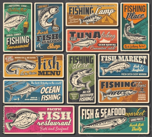 Fishing, fish and seafood market posters, vector retro. Fisher camp and tournament, rods, tackles and lures for river pike, ocean mackerel and flounder, marlin and bream big fish catch on hook