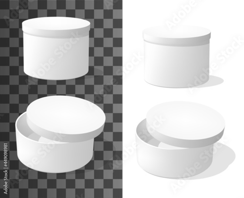 Round cardboard boxes, packaging 3d vector mockup. Blank closed and slightly ajar packages, carton paper packs, box for hat, gift or delivery parcel realistic template isolated on white background