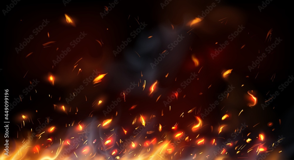 Campfire, fireplace flying sparks, burning flame red hot sparks