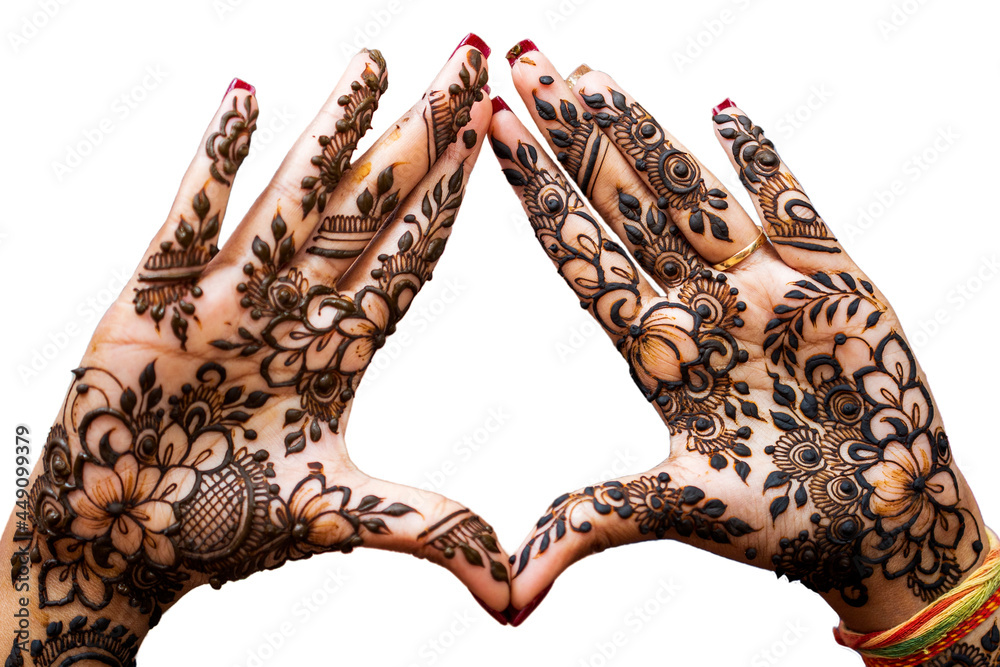 Bride's hand with henna tattoo isolated on white. Bride's hand with henna tattoo isolated on white.