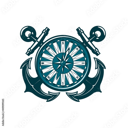 Heraldic icon with crossed anchors and compass, vector nautical heraldry and sea travel. Sail ship or boat anchors with vintage marine navigation compass rose isolated badge design