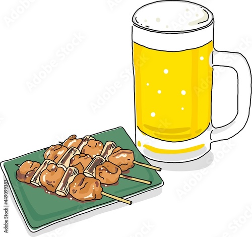 冷えたビールと焼き鳥のイラスト