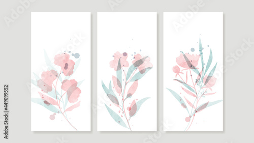 Flower watercolor art triptych wall art vector. Abstract art background with sweet orange and pink Floral Bouquets, Wildflower and leaf  hand paint design for wall decor, poster and wallpaper.