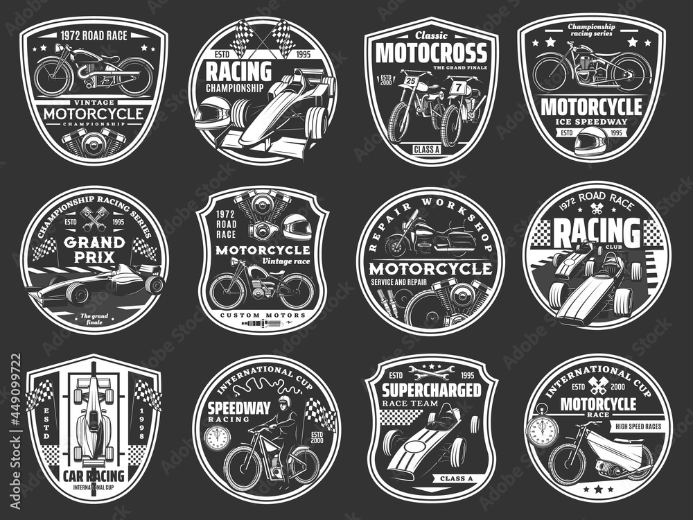 Symbole für den motorrad- und autorennsport eingestellt vintage-motorrad-formel  1 moderner und retro-auto-fahrradmotor und rennpokal gravierter vektor  racing championship repair service garage emblem oder symbol