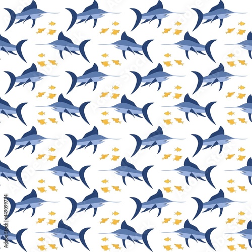 Cute swordfishes and small fishes in a seamless pattern. Digital illustration with ocean dwellers in hand drawn style for textiles, clothes, prints, wallpapers © Semarissa