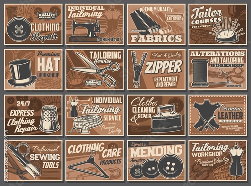 Tailoring service and sewing tools retro vector posters. Ripper, thimble, buttons mannequin with hanger and vintage iron. Handmade clothes fashion design studio, dressmaker atelier, leather workshop