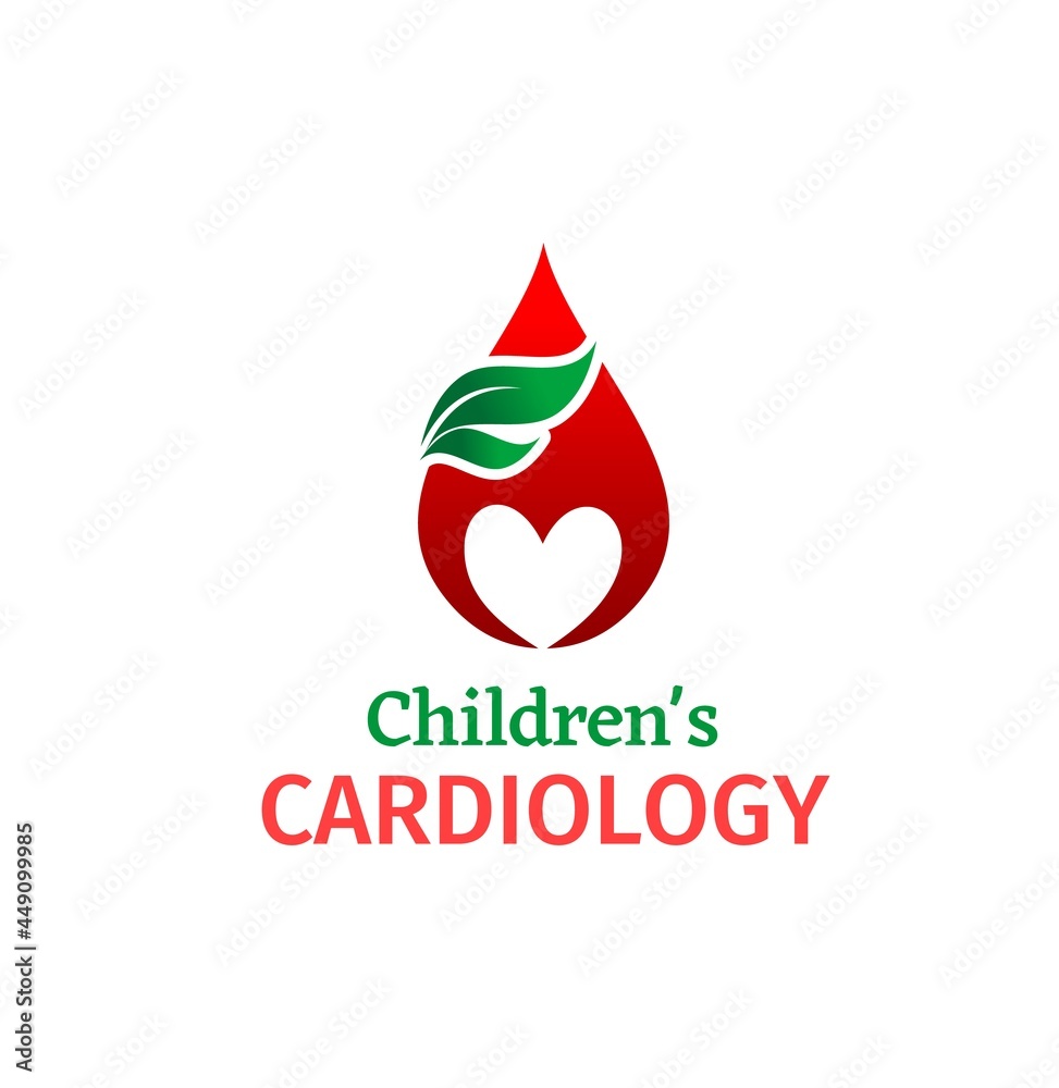Childrens cardiology isolated vector icon of heart health, medicine and health care. Human heart in red drop of blood with green leaves, cardiology medical center or hospital emblem design Childrens cardiology isolated vector icon of heart health, medicine and health care. Human heart in red drop of blood with green leaves, cardiology medical center or hospital emblem design