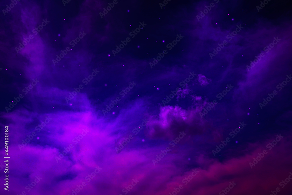 Fototapeta premium Black purple night sky with fluffy clouds and stars. Fantastic sky background for design.