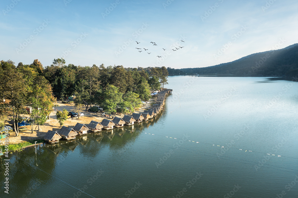 Landscape Huay tao lake in Chiang Mai in aerial view. Floating restaurant with beautiful