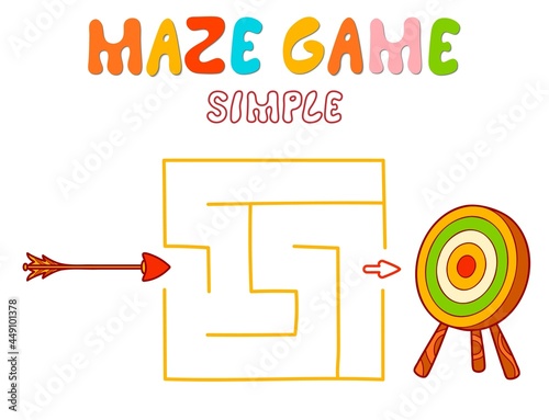 Simple Maze puzzle game for children. Color simple maze or labyrinth game with arrow and target.