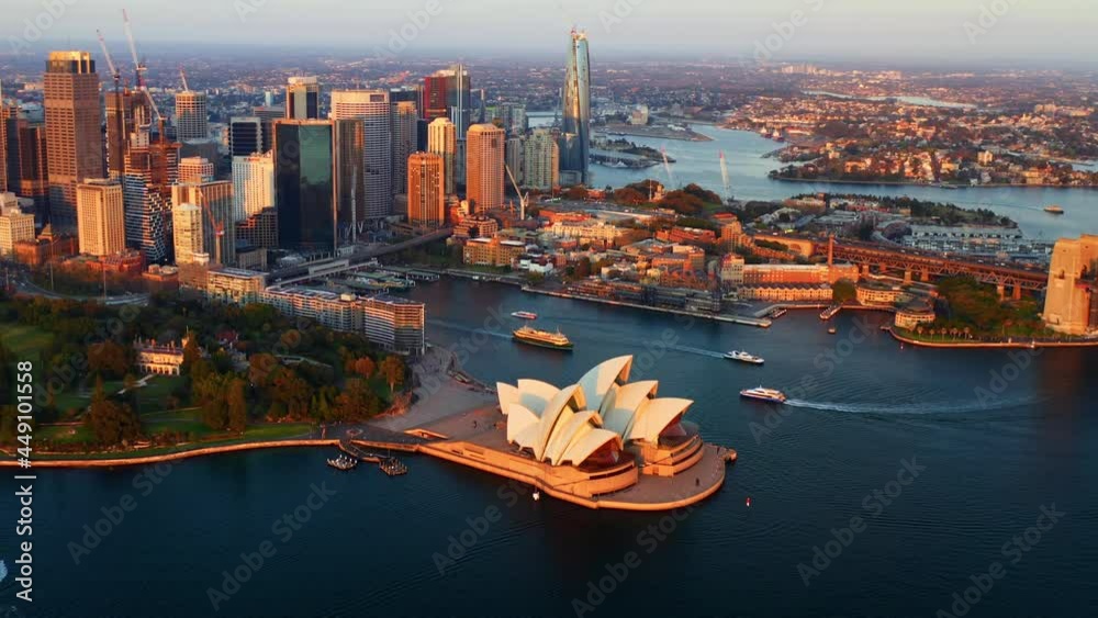 Aerial View of Sydney CBD and Opera House with many Ferry Ships near Circular Quay in the Morning - NSW Australia