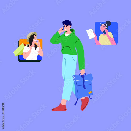 Vector illustration concept of the young guy staying connected to his peers while traveling.