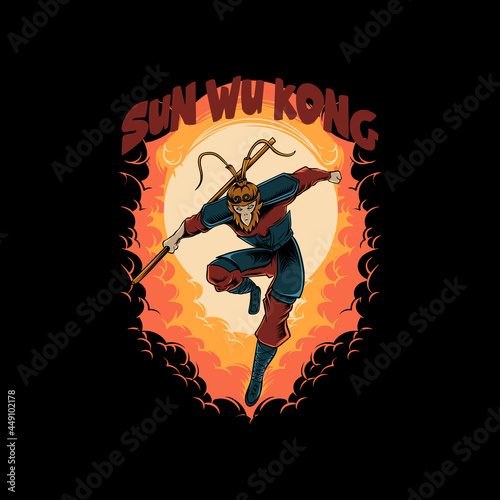 Sun wukong illustration with smoke fire on black background