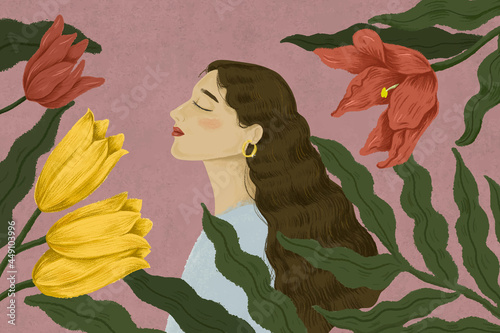 Beautiful woman surrounded by nature illustration