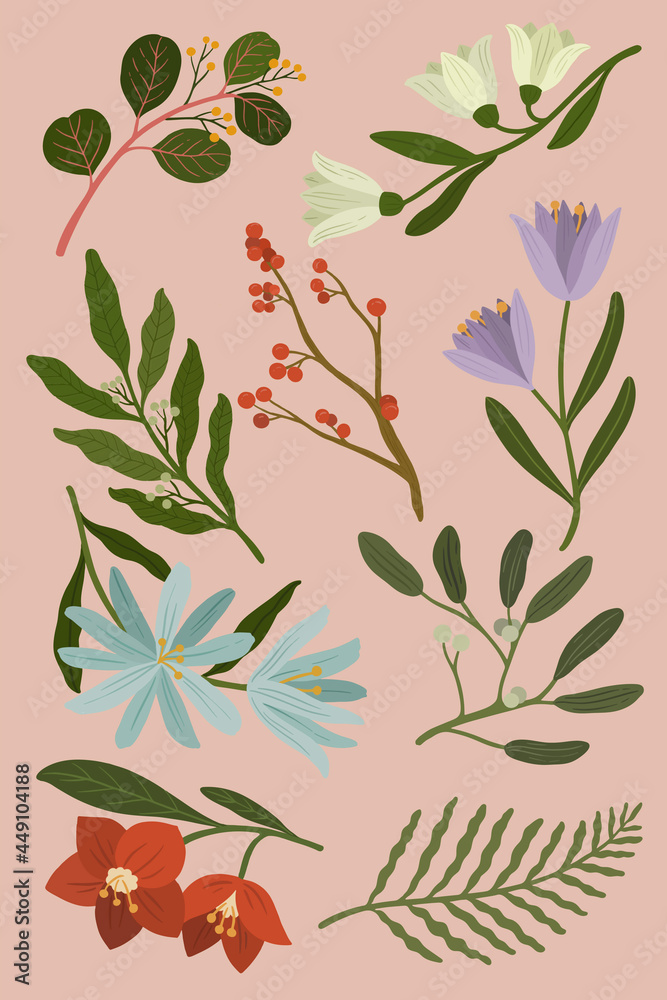 Winter botanicals on a pink background vector Winter botanicals on a pink background vector