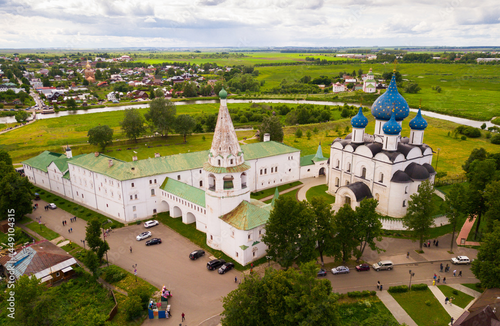 Aerial view of architectural ensemble of Suzdal Kremlin with Cathedral of Nativity in Russian town of Suzdal
