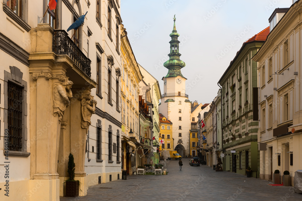Historical center of Bratislava with Michael Gate in Slovakia. - obrazy, fototapety, plakaty 