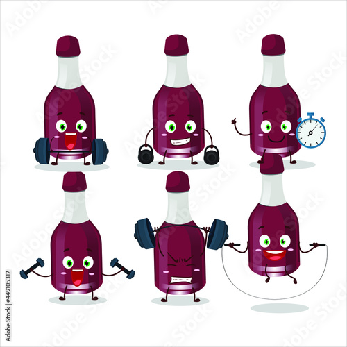 A healthy ginjiha bottle cartoon style trying some tools on Fitness center. Vector illustration photo