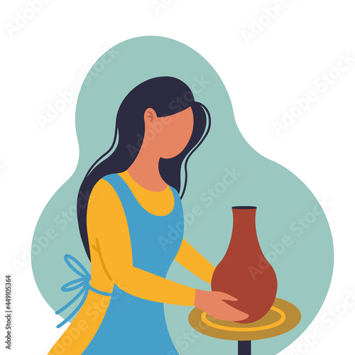 Potter girl. A woman sculpts a vase from clay behind a potter's wheel. Vector illustration of a sculptor on a white background. The artist creates a ceramic pot. DIY craft. Flat style. 