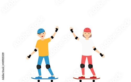 スケートボードに乗りながら手を振る男の子と女の子