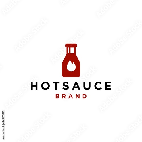 red hot bottle sauce logo in simple line style vector icon design, hot tomato ketchup with fire flame symbol