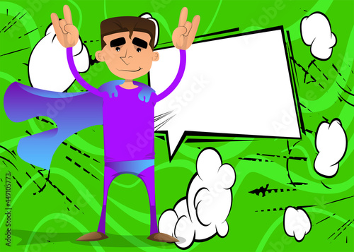 Funny cartoon man dressed as a superhero with hands in rocker pose. Vector illustration.