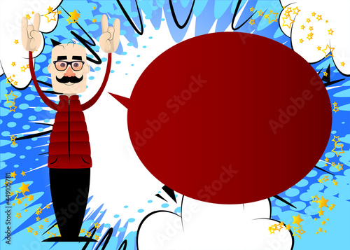 Funny cartoon man dressed for winter with hands in rocker pose. Vector illustration.