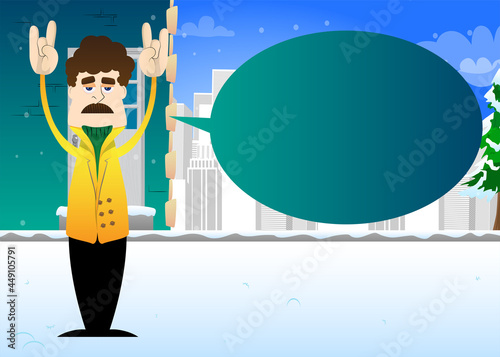 Funny cartoon man dressed for winter with hands in rocker pose. Vector illustration.