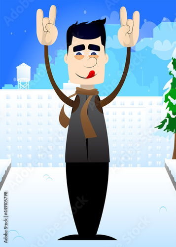 Funny cartoon man dressed for winter with hands in rocker pose. Vector illustration.