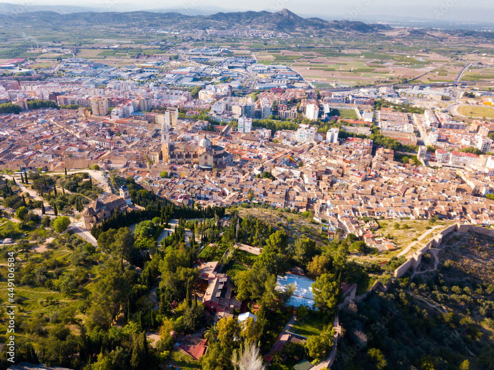 Picturesque aerial view of historic city of Xativa in spring day, Spain..