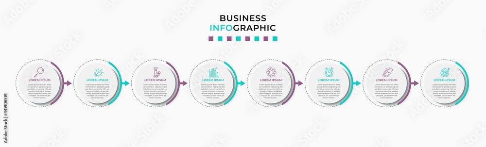 Vector Infographic design business template with icons and 8 options or steps. Can be used for process diagram, presentations, workflow layout, banner, flow chart, info graph Vector Infographic design business template with icons and 8 options or steps. Can be used for process diagram, presentations, workflow layout, banner, flow chart, info graph