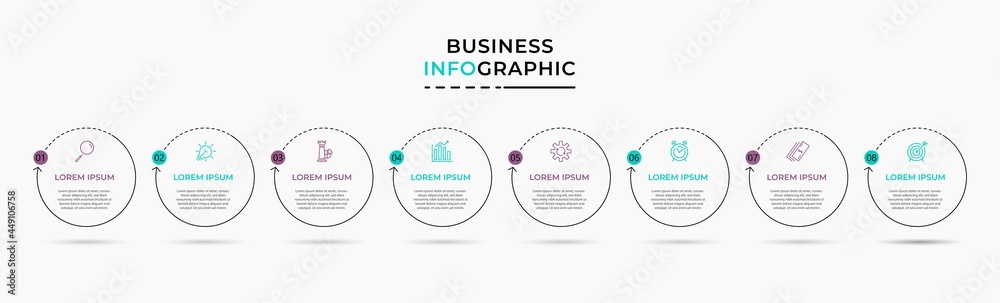 Naklejka premium Vector Infographic design business template with icons and 8 options or steps. Can be used for process diagram, presentations, workflow layout, banner, flow chart, info graph