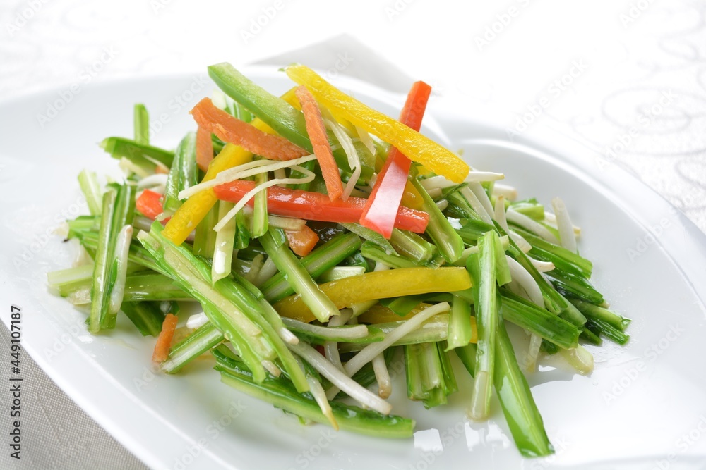 stir fried slices green dragon vegetables in soy sauce in white background asian halal menu stir fried slices green dragon vegetables in soy sauce in white background asian halal menu