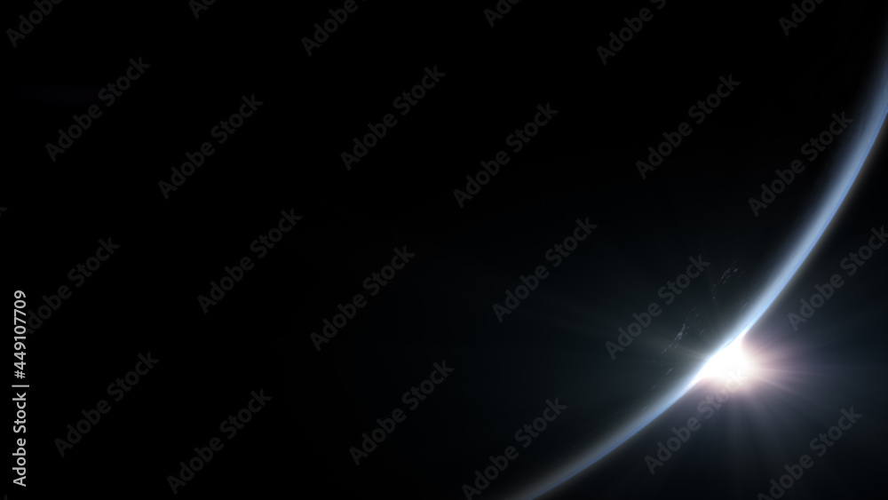 A cinematic rendering of planet Earth during sunrise as view from space with vibrant blue atmosphere and cloudy sky showing continents below