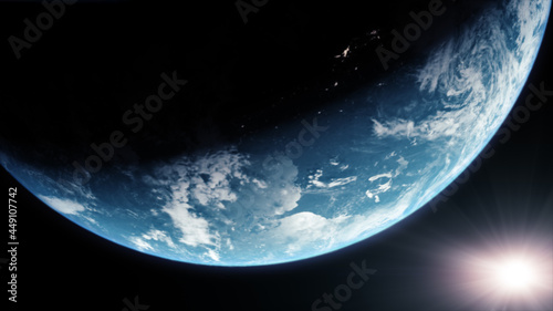 Fototapeta Naklejka Na Ścianę i Meble -  A cinematic rendering of planet Earth during sunrise as view from space with vibrant blue atmosphere and cloudy sky showing continents below