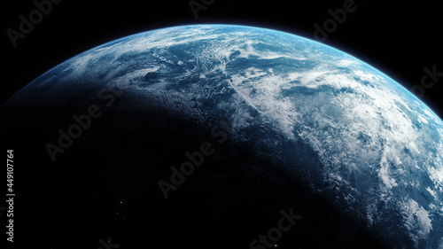 Fototapeta Naklejka Na Ścianę i Meble -  A cinematic rendering of planet Earth during sunrise as view from space with vibrant blue atmosphere and cloudy sky showing continents below