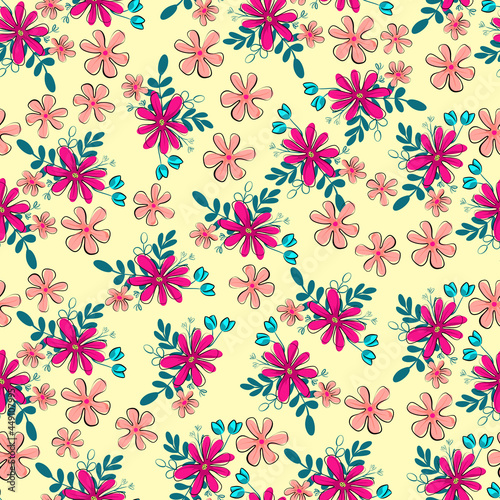 summer seamless pattern with pink flowers on a yellow background for creating textures  backgrounds  textiles