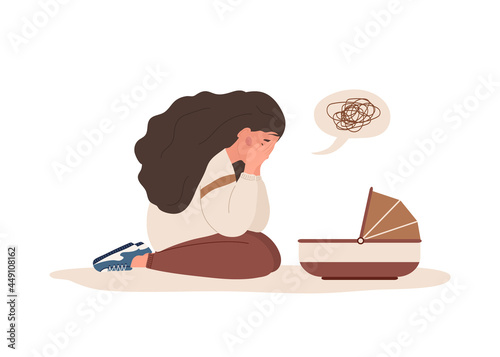 Postpartum depression. Sad tired woman leaning over newborn baby and covering face with hand. Young mother needs psychological help. Mood disorder. Vector illustration in flat cartoon style.