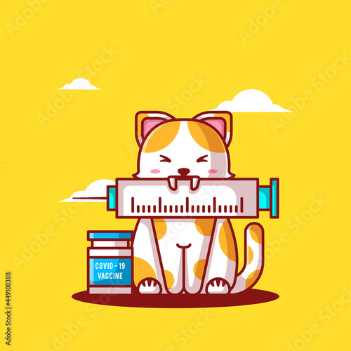 Vector Illustration of Cute Cartoon Cat biting Vaccine Syringe. Medicine and Vaccination Icon Concept