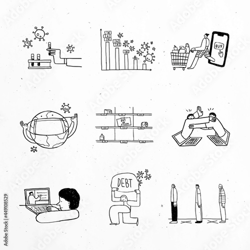 Social issues during the coronavirus crisis doodle element set vector