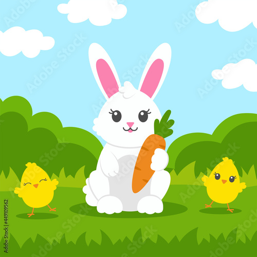 Cheerful rabbit with carrot on the green grass. Cute chickens are dancing around. Colored flat vector illustration isolated on color background. Cartoon character.