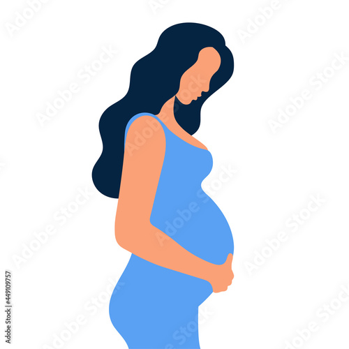 Pregnant woman with a big belly. Girl with long hair and in a dress. The joy of motherhood. Waiting for the birth of a child. Simple flat color vector illustration.